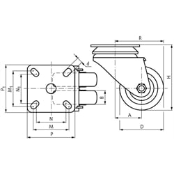 Apparaterolle mit Lochplatte TPE-Rad Gummi grau Doppellenkrolle Rad-Ø 75, Technische Zeichnung