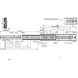 Auszugschienen DZ 3832, Breite 12,7 mm, bis 50 kg, Vollauszug, Technische Zeichnung