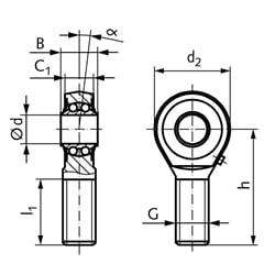 Gelenkkopf BR DIN ISO 12240-4 Maßreihe K Außengewinde M10 rechts mit Pendelkugellager, Technische Zeichnung