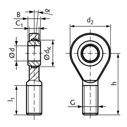 Gelenkkopf GAW DIN 12240-4 Maßreihe E Außengewinde M24x2 rechts wartungsfrei, Technische Zeichnung