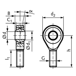 Gelenkkopf GT DIN ISO 12240-4 Maßreihe K Außengewinde M18x1,5 links wartungsfrei, Technische Zeichnung