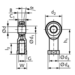 Gelenkkopf GT-R DIN ISO 12240-4 Maßreihe K Innengewinde M6 links wartungsfrei und rostfrei, Technische Zeichnung