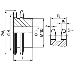 Zweifach-Kettenrad ZRG mit einseitiger Nabe 10 B-2 5/8x3/8" 15 Zähne Mat. Stahl Zähne induktiv gehärtet, Technische Zeichnung