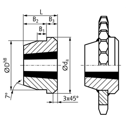 Einschweißnabe für Taper-Spannbuchse 1610 Außendurchmesser 83mm Material Stahl, Technische Zeichnung