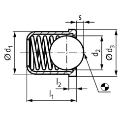 Federndes Druckstück d1=12mm Ausführung GP glatt Hülse aus POM Kugel Edelstahl, Technische Zeichnung