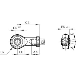 Gelenkkopf mit Kugelgelenk für Zylinderdurchmesser 25/32mm Gewinde M10x1,25 , Technische Zeichnung