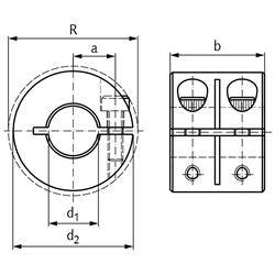 Geschlitzter Klemmring breit Stahl C45 brüniert Bohrung 10mm mit Schrauben DIN 912 12.9 , Technische Zeichnung