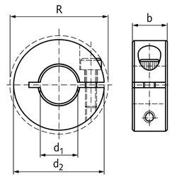Geschlitzter Klemmring Stahl C45 brüniert Bohrung 2,25 Zoll = 57,15mm mit Schraube DIN 912 12.9, Technische Zeichnung