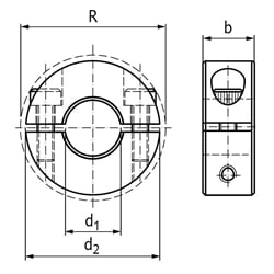 Geteilter Klemmring aus Aluminium Bohrung 14mm mit Schrauben DIN 912 A2-70 , Technische Zeichnung