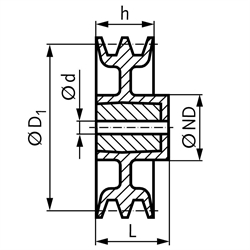 Keilriemenscheibe aus Aluminium Profil XPZ, SPZ und Z (10) 2-rillig Nenndurchmesser 63mm, Technische Zeichnung