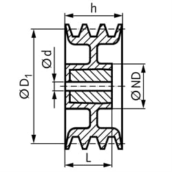 Keilriemenscheibe aus Aluminium Profil XPA, SPA und A (13) 3-rillig Nenndurchmesser 280mm, Technische Zeichnung