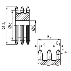 Dreifach-Kettenradscheibe DRL ohne Nabe 12 B-3 3/4x7/16" 19 Zähne Mat. Stahl , Technische Zeichnung