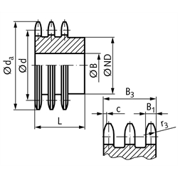 Dreifach-Kettenrad DRS mit einseitiger Nabe 08 B-3 1/2x5/16" 28 Zähne Mat. Stahl , Technische Zeichnung