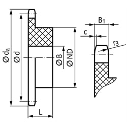 Kettenrad KRK mit einseitiger Nabe 08B-1 1/2x5/16" 23 Zähne Mat. Polyacetal , Technische Zeichnung