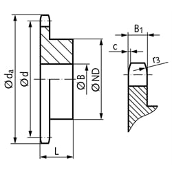 Kettenrad KRS mit einseitiger Nabe 20 B-1 1 1/4x3/4" 45 Zähne Mat. Grauguss , Technische Zeichnung