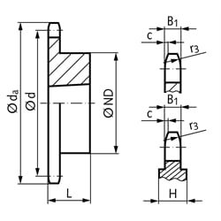 Kettenrad KRT 10 B-1 5/8x3/8" 23 Zähne Material Stahl für Taper-Spannbuchse Typ 1610 , Technische Zeichnung