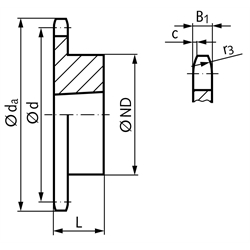 Kettenrad KRTG 20 B-1 1 1/4"x3/4" 17 Zähne Material Stahl Verzahnung gehärtet für Taper-Spannbuchse Typ 2517 , Technische Zeichnung