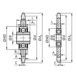 Kettenspannrad KSP-R Material 1.4301 10 B-1 5/8x3/8" 15 Zähne mit Kugellager, Technische Zeichnung
