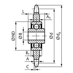 Kettenspannrad KSP 10 B-1 5/8x3/8" 16 Zähne mit Kugellager , Technische Zeichnung