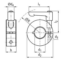 Geschlitzter Klemmring Stahl C45 brüniert Bohrung 16mm mit verstellbarem Klemmhebel M5 x 14 Länge 30mm, Technische Zeichnung