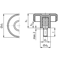 Kordelgriffschraube aus Thermoplast Durchmesser 50mm Außengewinde M10 x 20mm , Technische Zeichnung