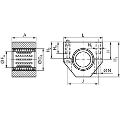 Linearkugellagereinheit KG-1 ISO-Reihe 1 Premium mit Deckscheiben für Wellendurchmesser 10mm, Technische Zeichnung
