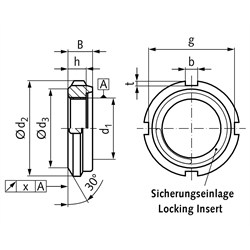 Nutmutter UW rostfrei mit Sicherungseinlage Gewinde M10x0,75 Edelstahl 1.4301 , Technische Zeichnung