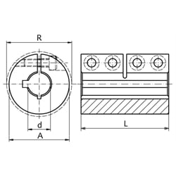 Geschlitzte Schalenkupplung MAS beidseitig Bohrung 10mm mit Nut Edelstahl 1.4305 mit Schrauben DIN 912 A2-70 , Technische Zeichnung