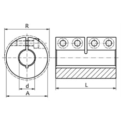 Geschlitzte Schalenkupplung MAS beidseitig Bohrung 5mm ohne Nut Edelstahl 1.4305 mit Schrauben DIN 912 A2-70 , Technische Zeichnung