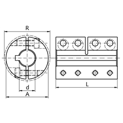 Geteilte Schalenkupplung MAT beidseitig Bohrung 30mm mit Nut Stahl C45 brüniert mit Schrauben DIN 912-12.9 , Technische Zeichnung