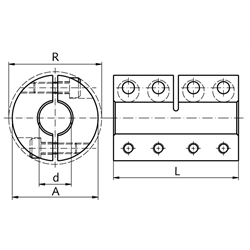 Geteilte Schalenkupplung MAT beidseitig Bohrung 3mm ohne Nut Edelstahl 1.4305 mit Schrauben DIN 912 A2-70 , Technische Zeichnung