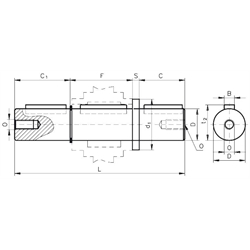Abtriebswelle beidseitig für Schneckengetriebe H/I Größe 63 Durchmesser 25mm Gesamtlänge 216mm, Technische Zeichnung