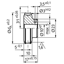 Präzisions-Schneckenrad Achsabstand 31mm i=28 28 Zähne , Technische Zeichnung
