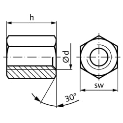 Sechskantmutter mit Trapezgewinde DIN 103 Tr.16 x 4 eingängig rechts Länge 24mm Schlüsselweite 27mm Stahl C35Pb , Technische Zeichnung