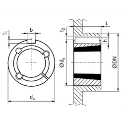 Adapter für Taper-Spannbuchse 1610 Außendurchmesser 70mm Material Grauguss, Technische Zeichnung