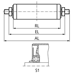 Tragrolle S1 Stahl blank Ø=50mm RL=600mm EL=620mm AL=650mm Außengewinde, Technische Zeichnung