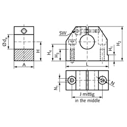 Präzisions-Wellenbock GW-3 ISO-Reihe 3 für Wellendurchmesser 20mm, Technische Zeichnung