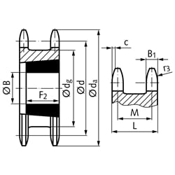 Doppel-Kettenrad ZRET für 2 Einfach-Rollenketten 12 B-1 3/4"x7/16" 20 Zähne Material Stahl für Taper-Spannbuchse 2517, Technische Zeichnung