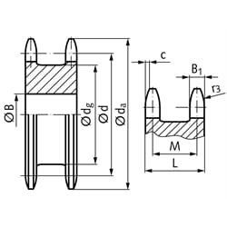 Doppel-Kettenrad ZREG für 2 Einfach-Rollenketten 16 B-1 1"x17,02mm 18 Zähne Material Stahl Zähne gehärtet, Technische Zeichnung