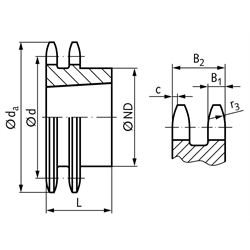Zweifach-Kettenrad ZRT 24 B-2 1 1/2" x 1" 45 Zähne Material Grauguss für Taper-Spannbuchse Typ 3535, Technische Zeichnung