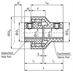 Taschenteil für Zahnkupplung BW Baugröße 24 Bohrung 14mm mit Nut Material PA6.6 , Technische Zeichnung