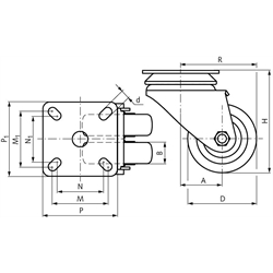 Apparaterolle mit Lochplatte TPE-Rad Gummi grau Doppellenkrolle Rad-Ø 50, Technische Zeichnung