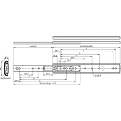 Auszugschienen DZ 0204, Breite 9,5 mm, bis 65 kg, Teilauszug, Technische Zeichnung