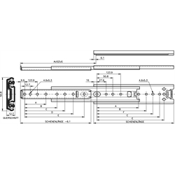 Auszugschienen DZ 3301, Breite 12,7 mm, bis 68 kg, Überauszug, Technische Zeichnung