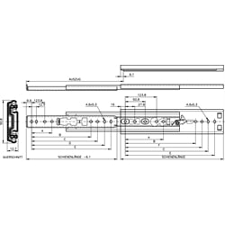 Auszugschienen DZ 3307, Breite 12,7 mm, bis 68 kg, Überauszug, Technische Zeichnung
