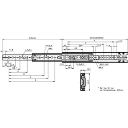 Auszugschienen DZ 3832 SC, Breite 12,7, bis 50 kg, Vollauszug, Selbsteinzug, Technische Zeichnung