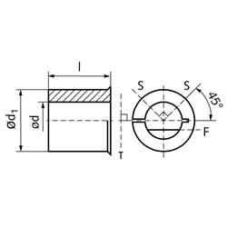 Bohrungs-Reduzierbuchse Durchmesser 12,7mm Bohrung 6mm , Technische Zeichnung