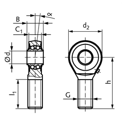 Gelenkkopf BR DIN ISO 12240-4 Maßreihe K Außengewinde M24x2 rechts mit Pendelkugellager, Technische Zeichnung