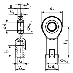Gelenkkopf GEW DIN 12240-4 Maßreihe E Innengewinde M8 rechts wartungsfrei, Technische Zeichnung