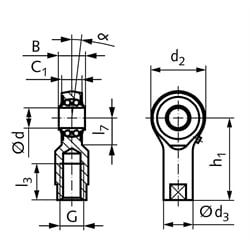 Gelenkkopf PF kurze Bauform Bohrung 20mm Innengewinde M16 links nachschmierbar, Technische Zeichnung